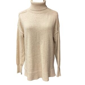 Evereve Women's Ribbed Trim Long Sleeve Pullover Turtleneck Sweater Beige Size S